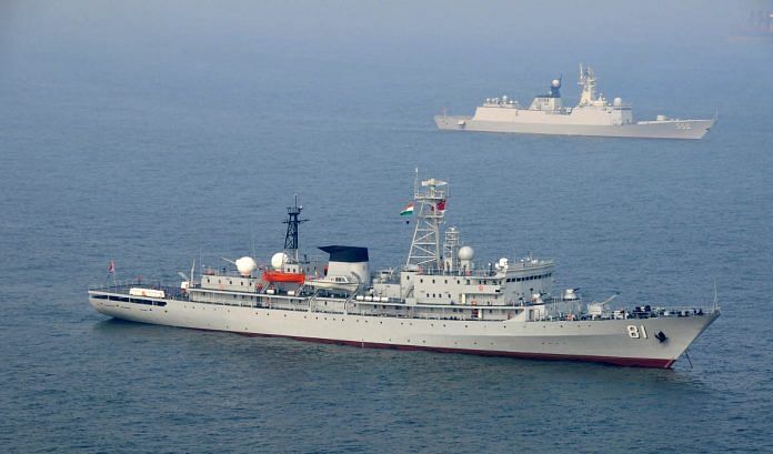 A Chinese Navy vessel off the coast of India. The Chinese Navy is building warships to add to its fleet much faster than imagined.