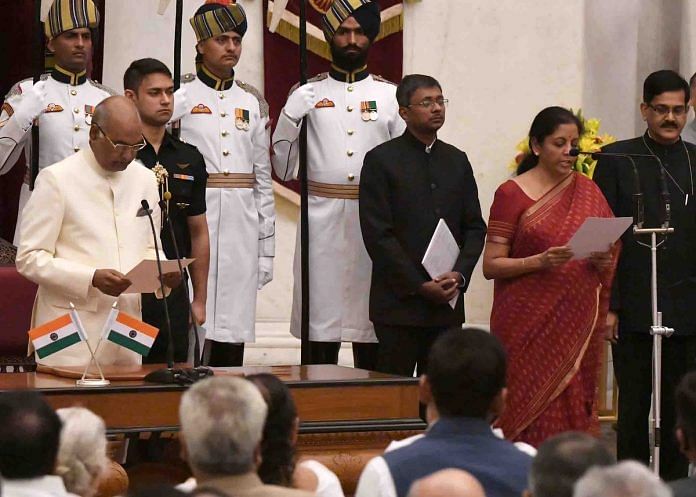 Nirmala Sitharaman being sworn in as defence minister during the cabinet reshuffle in the Narendra Modi government on 3 September, 2017