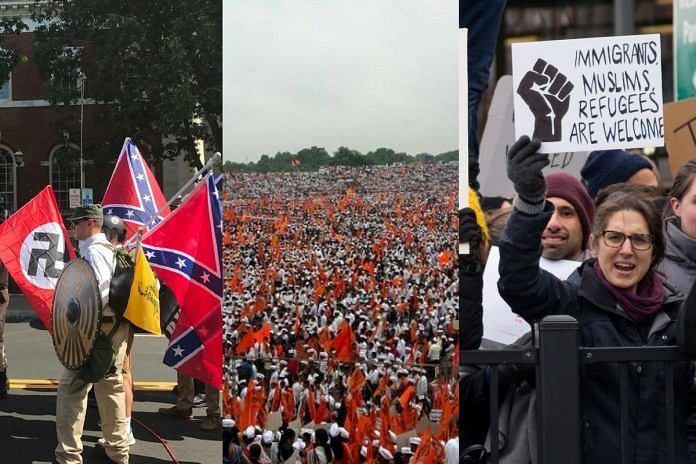 Collage of three pictures of protests