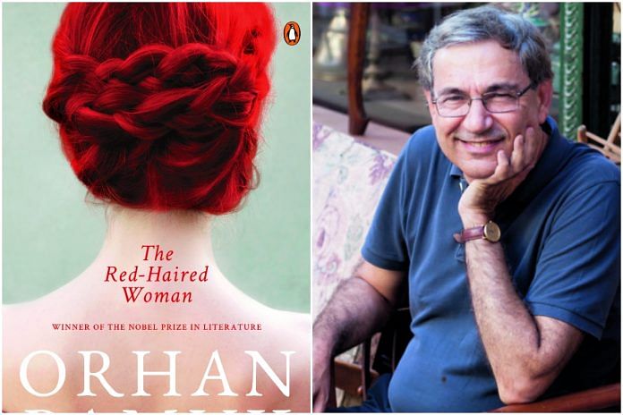 Orhan Pamuk and the cover of his new book titled 'The Red-Haired Woman'