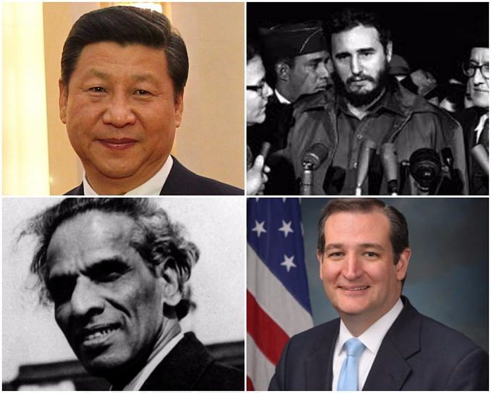 Portraits of Xi Jinping, Fidel Castro, Ted Cruz, Krishna Menon