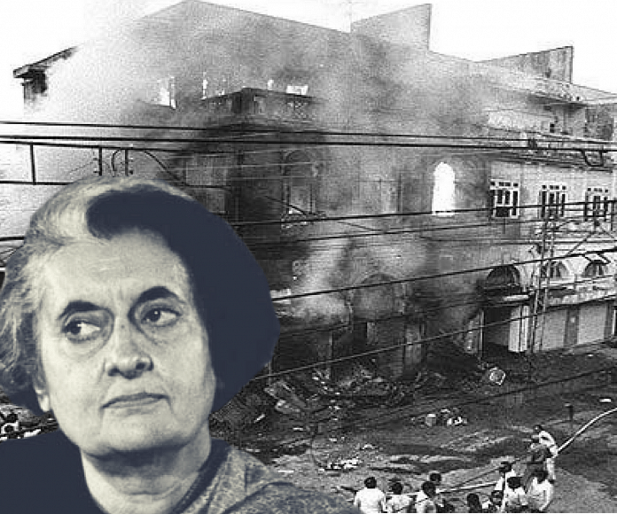 Indira Gandhi and an image of the 1984 riots in Delhi