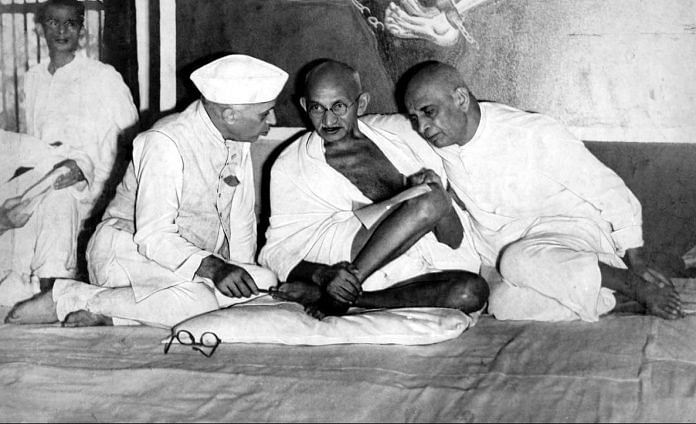 Nehru, Gandhi, and Sardar Patel sitting together
