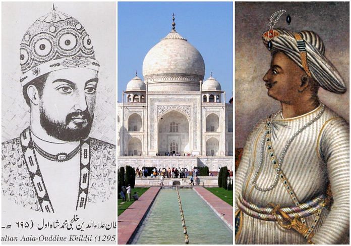 Portrait of Tipu Sultan, Khilji and frontal view of Taj Mahal in collage