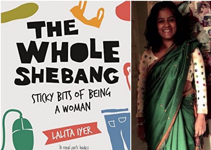 collage of book cover of 'The Whole Shebang' on the left with picture of Lalita Iyer, the author on the right