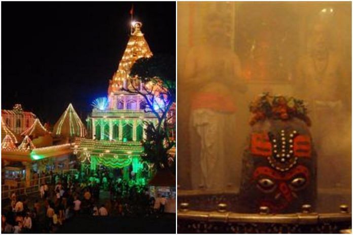 A image showing the Mahakaleshwar temple in Ujjain and the inside of the temple.