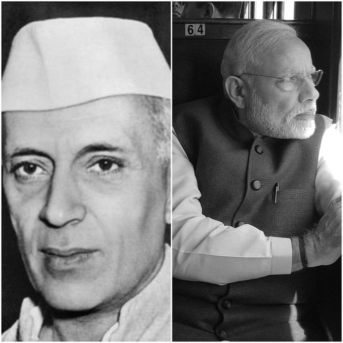 Black and white collage of Jawaharlal Nehru on left and Narendra Modi on the right, comparing them as dictators