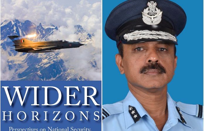 Air Vice Marshal Arjun Subramaniam and the cover of his book Wider Horizons