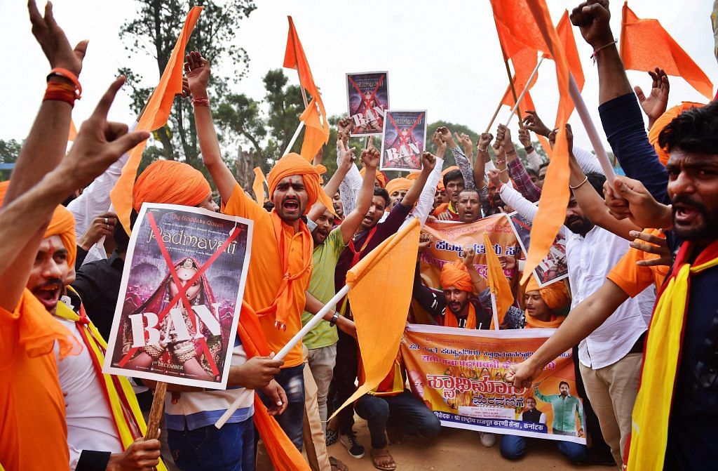 Members of Rashtriya Rajput Karni Sena shout slogans against fimmaker Sanjay Leela Bhansali during a protest demanding for a total ban on the movie "Padmaavat'