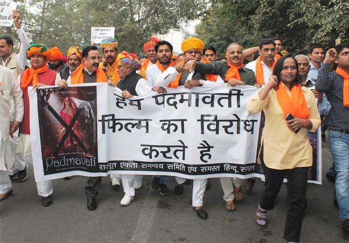 members of Rajput community raising slogans against Padmavati in a protest