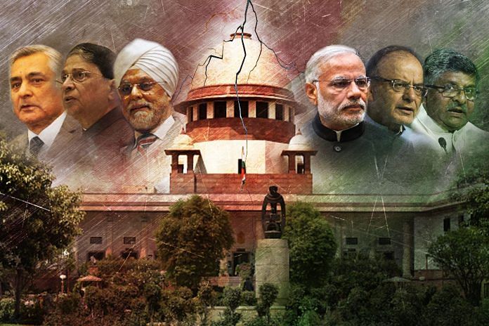An illustration showing the Chief Justices of India and the Government of India