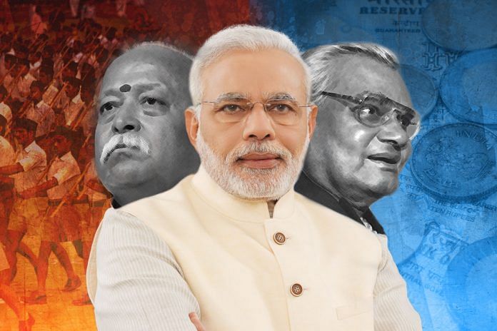 An image showing RSS chief Mohan Bhagwat, Narendra Modi and Atal Bihari Vajpayee