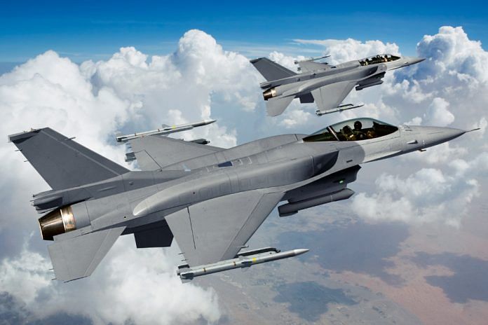 The single engine fighter F-16 manufactured by Lockheed Martin