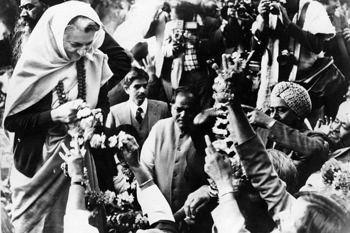 Indira Gandhi receives garlands of flowers from people after winning the 1980 elections