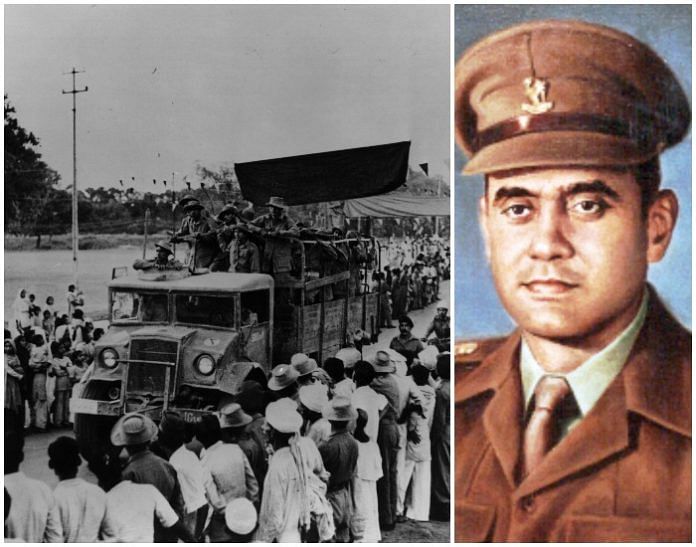 A truck taking troops and portrait of Shaitan Singh