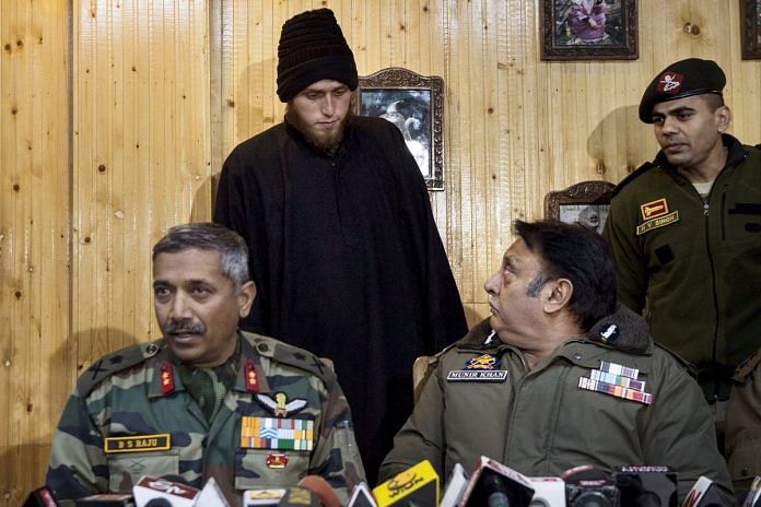 Majid Arshid, the footballer-turned militant, being presented before the media during a joint press conference in Pulwama district