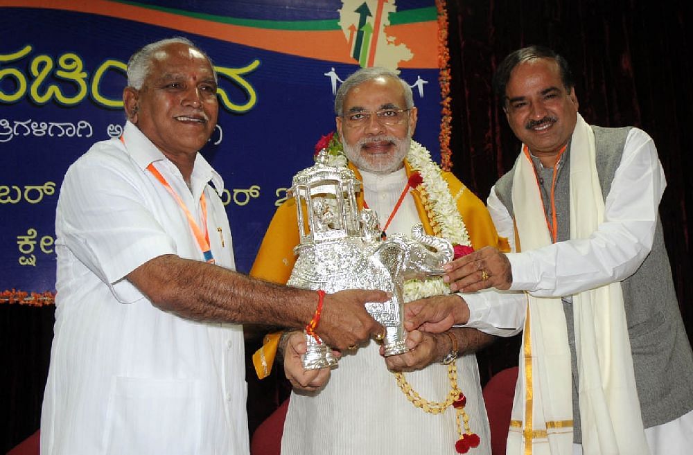 Former Chief Minister B S Yeddyurappa (left) with Narendra Modi (centre) and MP Anantha Kumar (right) in 2009 in Karnataka