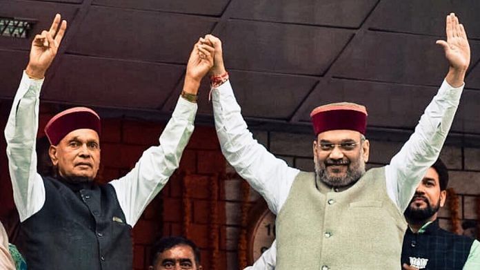 BJP president Amit Shah with Himachal CM candidate of the party PK Dhumal
