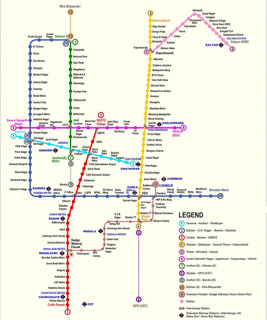 The route map of all the metro lines to be built in Mumbai 