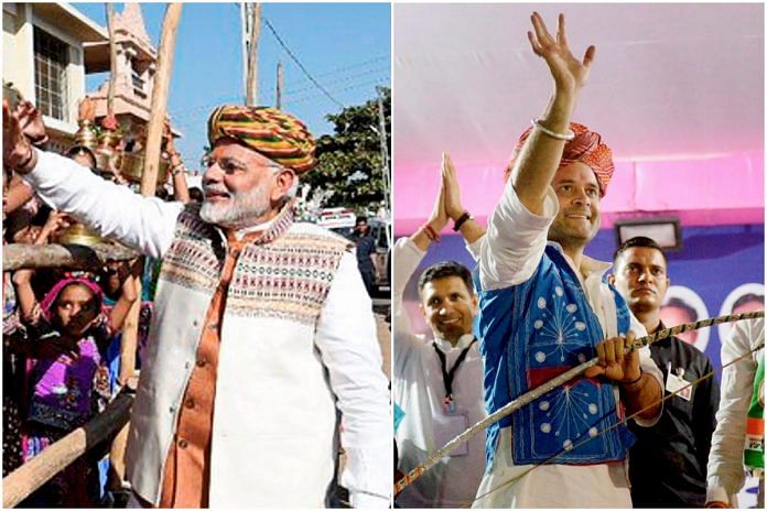 Narendra Modi (left) and Rahul Gandhi (right) on the campaign trail in Gujarat