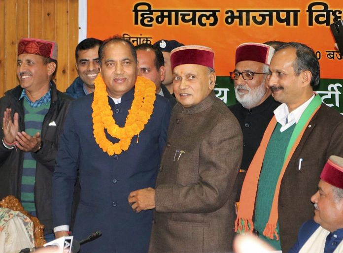 Former CM PK Dhumal and other leaders congratulating Jairam Thakur