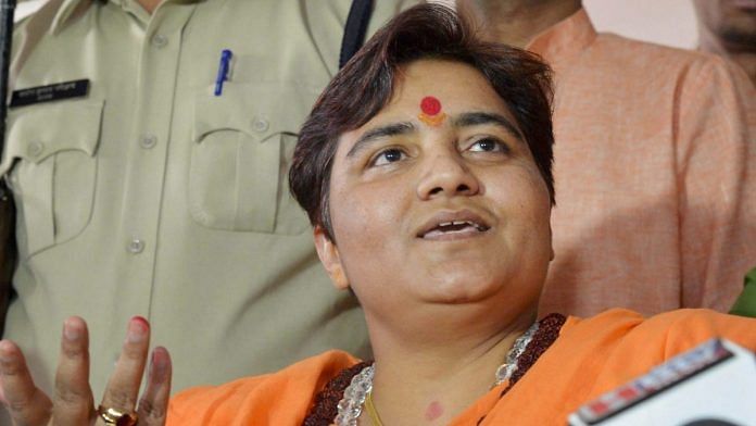 Sadhvi Pragya Singh Thakur addressing the media in Bhopal