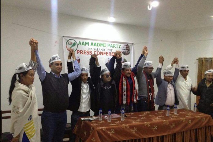 AAP members holding hands up in a conference in Nagaland