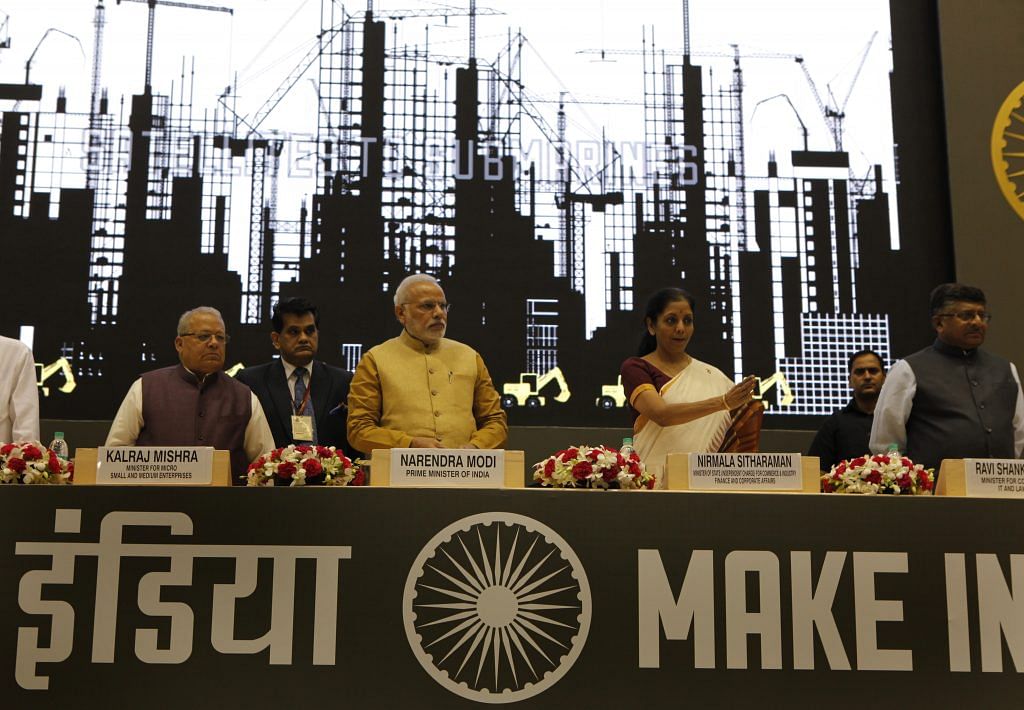 File photo of Narendra Modi, Nirmala Sitharaman, Kalraj Mishra and Ravi Shankar Prasad at the launch of 'Make in India', 2014 | Arvind Yadav/Hindustan Times via Getty Images