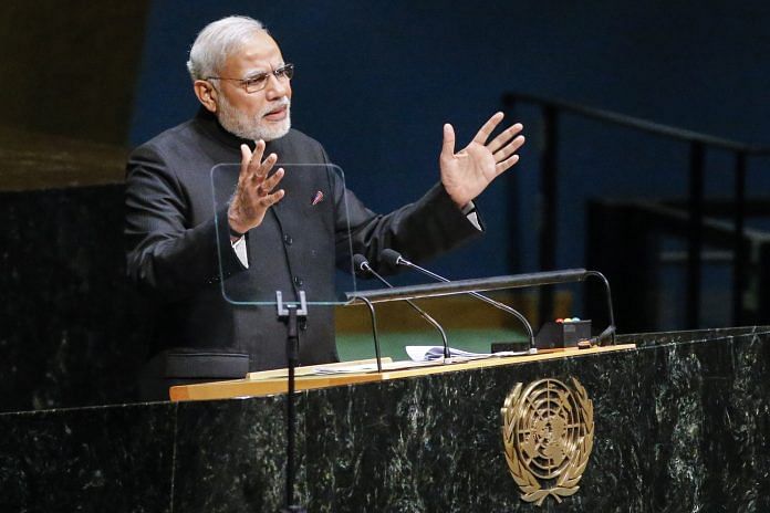 Prime minister Narendra Modi, giving a speech at the podium in UN, General Assembly