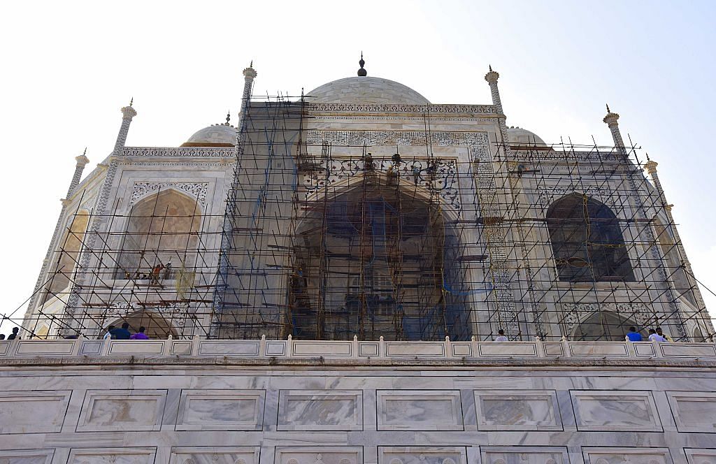 Conservation work in progress at Taj Mahal by Archaeological Survey of India