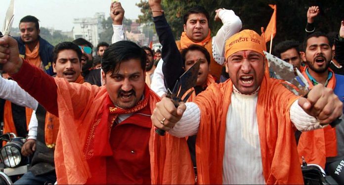 Activists of Bajrang Dal during a bike rally