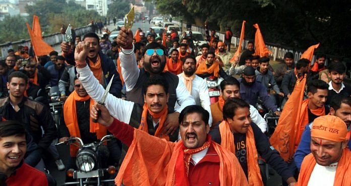 Activists of Bajrang Dal during a bike rally