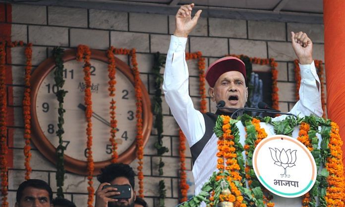 BJP CM Candidate, Prem Kumar Dhumal addresses during an election rally in Hamirpur