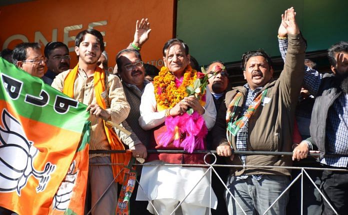 BJP candidate from Dharamsala Kishan Kapoor celebrates