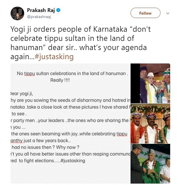 A tweet by Prakash Raj on BJP leaders allegedly celebrating 'Tipu Jayanti'