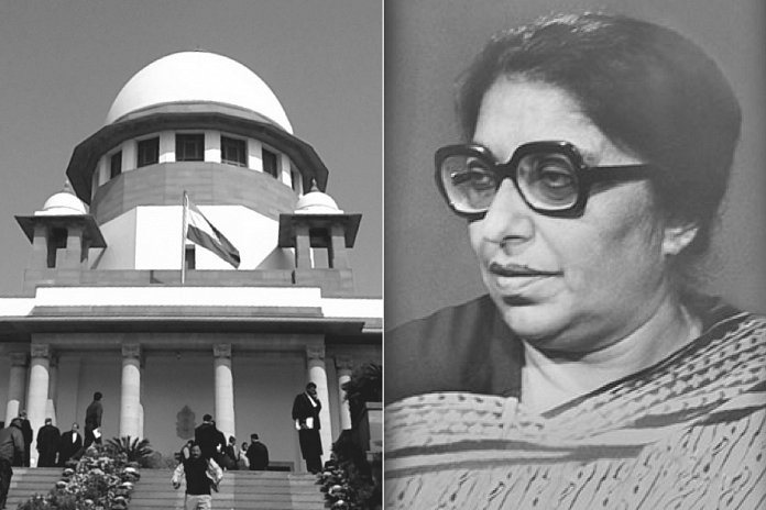 A picture of the Supreme Court beside a picture of Late Kapila Hingorani in black and white