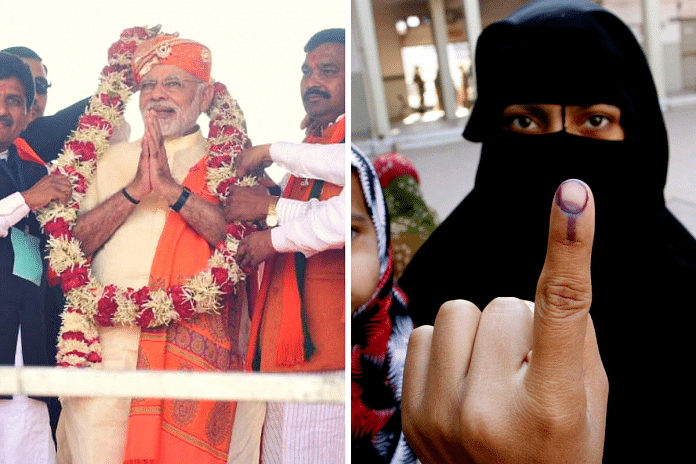 Prime Minister Narendra Modi at a rally and a Muslim woman after voting in the first phase of the Gujarat elections.