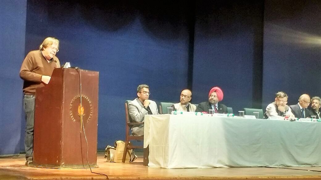 Bertil Lintner speaking and panel on stage at the Nehru Memorial Museum & Library