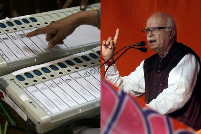 A collage of EVM and LK Advani