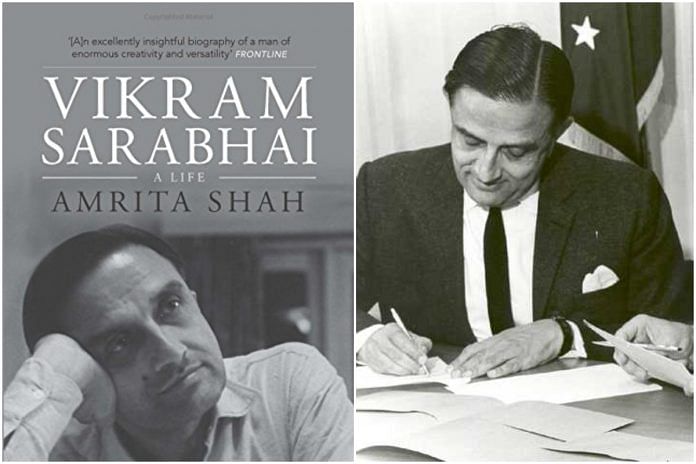 a collage of the book cover (L) with an image of Vikram Sarabhai (R)