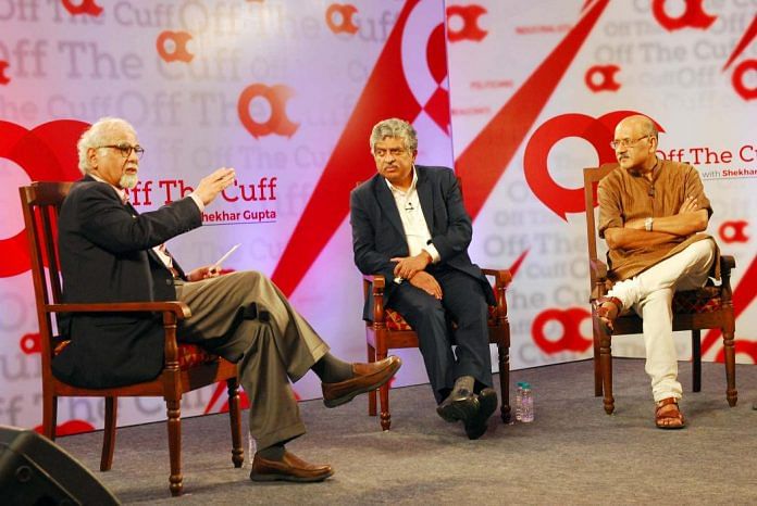 Surjit Bhalla, Nandan Nilekani and Shekhar Gupta on stage at OTC