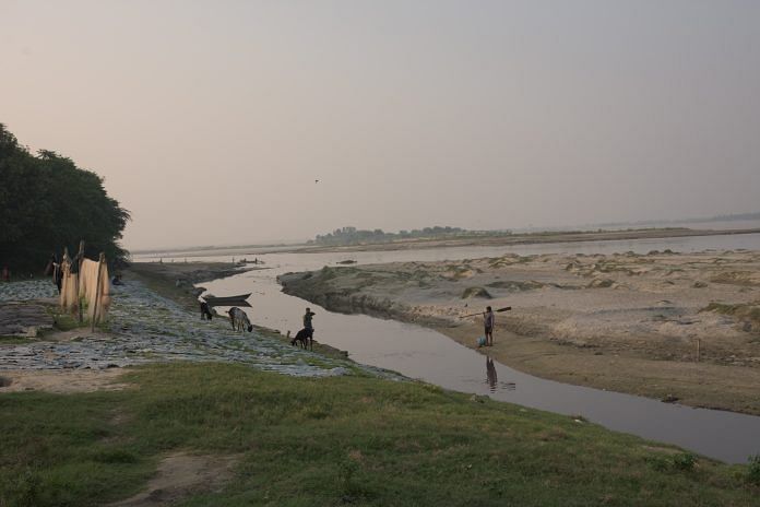 Animal hides used by tanneries being dried on the banks of Ganga