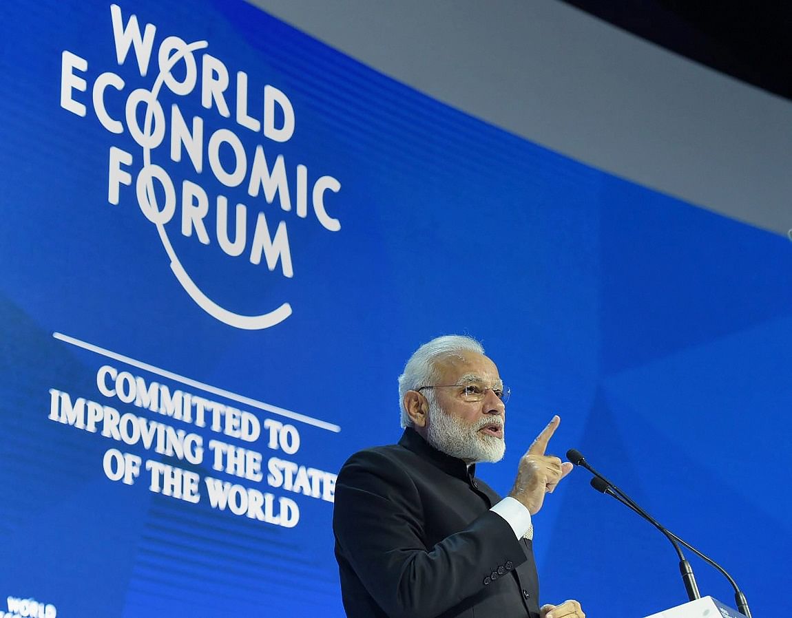 Prime Minister Narendra Modi delvers his speech at the plenary session of the World Economic Forum, in Davos on Tuesday.