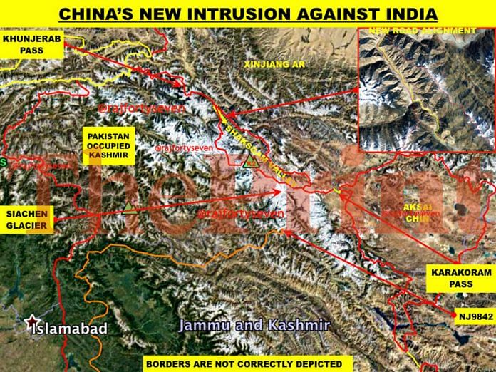 A satellite image showing where China is building a new road near the Siachen Glacier