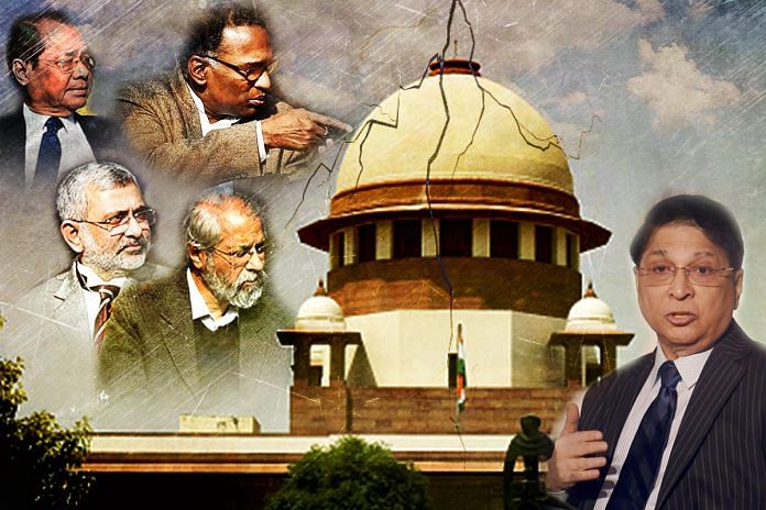 A graphic showing the Supreme Court, Chief Justice of India Dipak Misra, Justices Jasti Chelameswar, Ranjan Gogoi, Kurian Joseph‬‬, and Madan Lokur