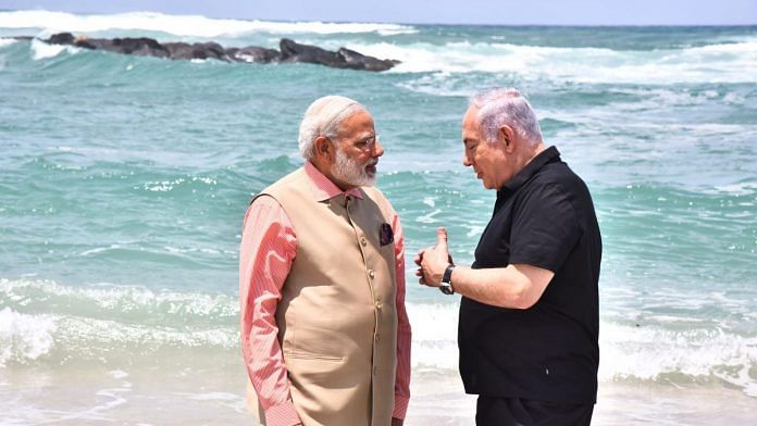 Narendra Modi with Israel PM Benjamin Netanyahu at the Olga Beach, in Israel