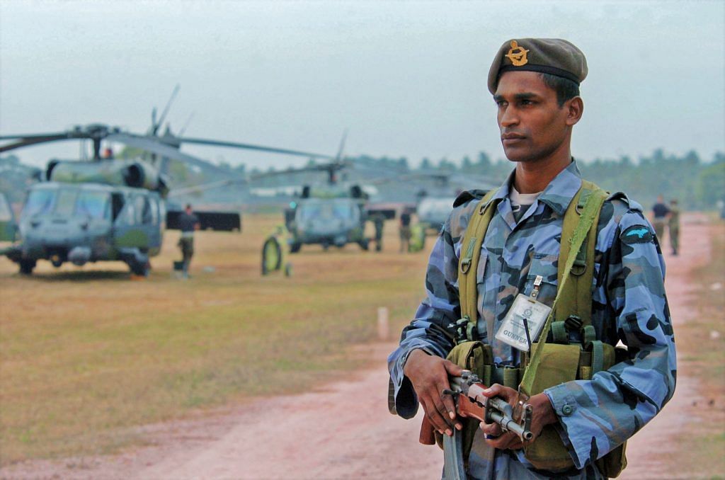 A Sri Lankan airman at a helicopter base.