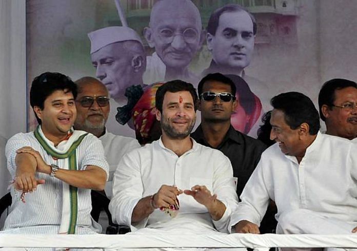 Congress President Rahul Gandhi with Congress leaders Jyotiraditya Scindia and Kamal Nath