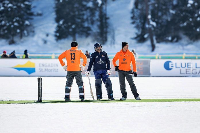 Virender Sehwag and Shoaib Akhtar playing cricket on a field of ice