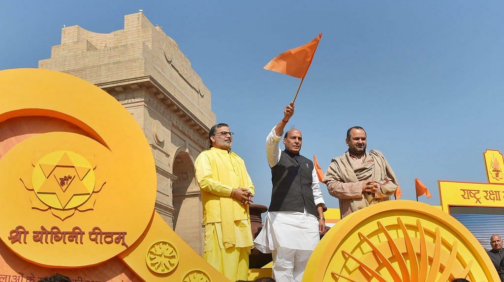 Home Minister Rajnath Singh flags off the 'Jal Mitti Rath Yatra' at India Gate